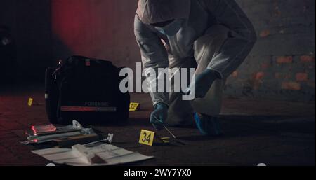 Forensic, csi and swab for dna at crime scene for medical investigation ...