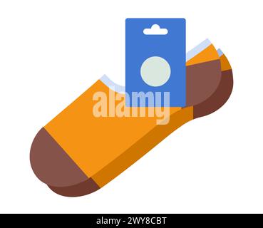 Orange socks with logo tag hosiery Invisible length. Fashion accessory clothing technical illustration stocking. Vector, side view for Men, women, unisex style flat sketch isolated on white background Stock Vector