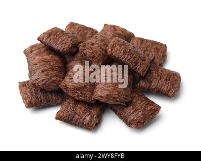 Tasty chocolate cereal pads isolated on white Stock Photo