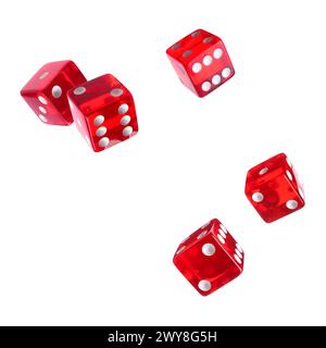 Five red dice in air on white background Stock Photo