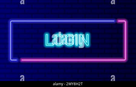 Neon sign login in speech bubble frame on brick wall background vector. Light banner on the wall background. Login button user protection, design Stock Vector