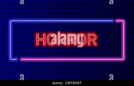 Neon sign horror in speech bubble frame on brick wall background vector. Light banner on the wall background. Horror button scary and terrible, design Stock Vector