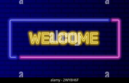 Neon sign welcome in speech bubble frame on brick wall background vector. Light banner on the wall background. Welcome button invitation to visit Stock Vector
