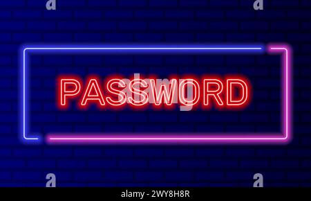 Neon sign password in speech bubble frame on brick wall background vector. Light banner on the wall background. Password button user access, design Stock Vector