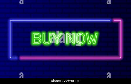 Neon sign buy now in speech bubble frame on brick wall background vector. Light banner on the wall background. Buy now button order navigation, design Stock Vector