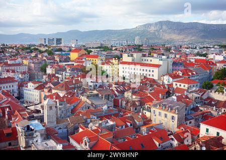 Aerial view of the old town of Split, Croatia. Aerial view of European town with red roofs Stock Photo