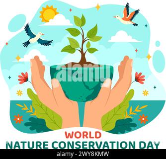 World Nature Conservation Day Vector Illustration with World Map, Tree and Eco Friendly Ecology for Preservation in Flat Cartoon Background Stock Vector