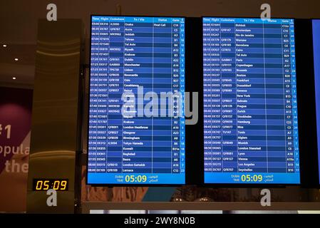 Flight Information display at DXB Dubai International Airport terminal in Dubai, United Arab Emirates, on 09 August 2023 Stock Photo