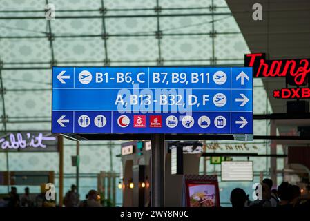 Information display at DXB Dubai International Airport terminal in Dubai, United Arab Emirates, on 09 August 2023 Stock Photo