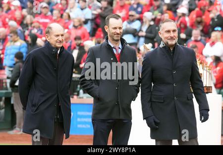 St. Louis, United States. 04th Apr, 2024. St. Louis Cardinals Chairman Bill DeWitt Jr., (L) St. Louis Cardinals President Bill DeWitt III and John Mozeliak, St. Louis Cardinals president of baseball operations (R) wait at home plate for the arrival of the players on opening day ceremonies before a game between the St. Louis Cardinals and the Miami Marlins in St. Louis on Thursday, April 4, 2024. Photo by Bill Greenblatt/UPI Credit: UPI/Alamy Live News Stock Photo