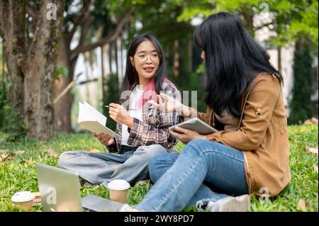 Two young Asian female students are sitting on the grass in a park, studying, doing homework or discussing something together. Stock Photo