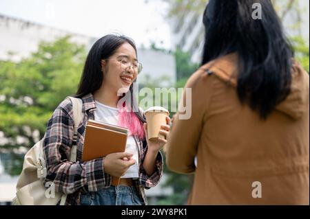 Two cheerful young Asian female college students are conversing outdoors. A cheerful young Asian female college student enjoy talking to her friend at Stock Photo