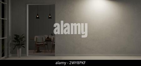 The interior design of a modern loft home corridor at night with a doorway through a dining room, a houseplant, and a dim light on a wall. 3d render, Stock Photo