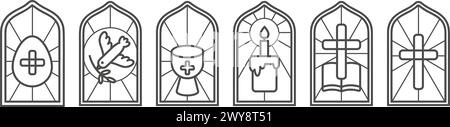 Church stained windows with religious Easter symbols. Christian mosaic glass arches set with cross dove cup and egg isolated on white background. Stock Vector