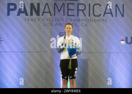 Los Angeles, California, USA. 4th Apr, 2024. Jennifer Valente of the United States, Gold medalist in the women's elimination race. Credit: Casey B. Gibson/Alamy Live News Stock Photo