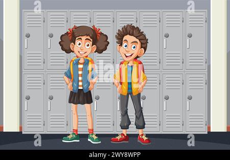 Two cheerful children standing in school hallway Stock Vector