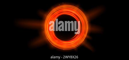 Red orange glowing portal concept. Neon hologram teleport gate on black background. Fiery circle swirl aura with beams and sparks. Round hot flare template for game, ui, interface. Vector illustration Stock Vector