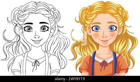 Vector illustration of a girl, black and white to color Stock Vector