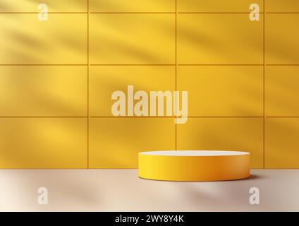 3D yellow cylinder podium on a white surface in front of a yellow tiled wall background, Product display, Mockup presentation. Vector illustration Stock Vector