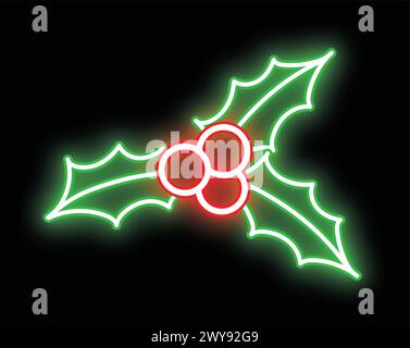 Neon Christmas holly berries icon for Christmas decoration on transparent background Stock Vector