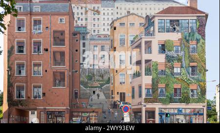 lyon , France -  04 02 2024 : Mur des Canuts in the Croix Rousse district town mural realistic painting of city Lyon scene Stock Photo