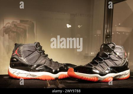 New York New York USA. 4th Apr 2024. Michael Jordan 1996 Finals game 5 worn sneakers on display during press preview for the Sotheby s auctions of sport memorabilia in New York. Auctions