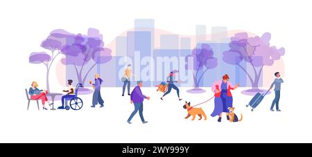 Big city with pedestrians and road traffic, illustration Stock Vector ...
