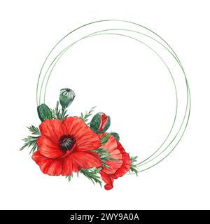 Round frame with red poppies drawn in watercolor on a white background ...