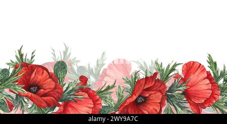 Red poppies with buds and leaves. Hand-drawn watercolor illustration ...