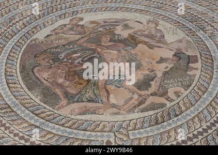 Cypr Archaeological Museum of the Paphos. Ancient Mosaic Artwork. Ancient Greek mosaic depicting mythological figures. Stock Photo