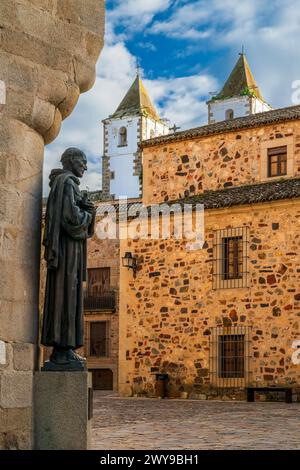 Statue of San Pedro de Alcántara outside the Cathedral, Caceres, Extremadura, Spain Stock Photo