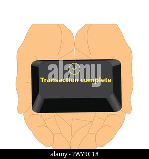Hands holding a keyboard button with the text transaction complete and tick icon Stock Vector
