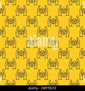 Radiation in Hands vector Radioactive concept yellow seamless pattern in outline style Stock Vector