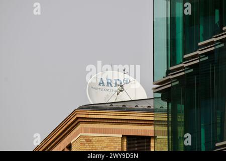Berlin, Germany, March 30, 2024. The satellite dish of ARD Main Berlin Studio on the roof of the building. Stock Photo