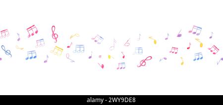 Seamless border with abstract music notes. Multicolored note symbols in wave style. Musical cute atmosphere. Watercolor illustration for textile Stock Photo