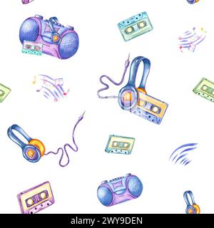Wired headphones. Audio cassette. Tape recorder. Sounds of music and musical notes. Music vintage seamless pattern. Color watercolor illustration Stock Photo