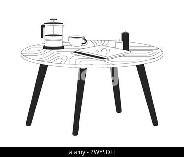 Low table with tea, magazines and candles 2D linear cartoon object Stock Vector