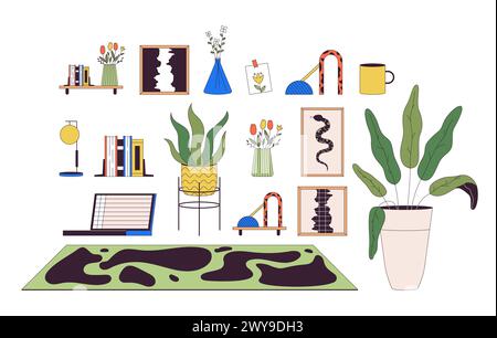 House interior design details 2D linear cartoon objects set Stock Vector