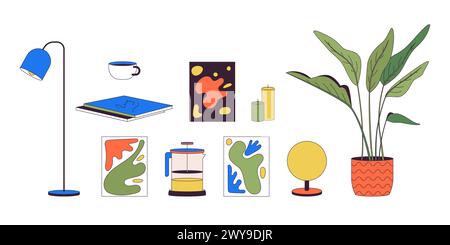 Supplies for home interior design 2D linear cartoon objects set Stock Vector