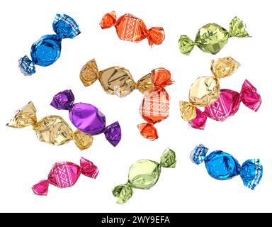 Candies in bright wrappers falling on white background Stock Photo