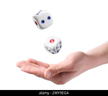Man throwing dice on white background, closeup Stock Photo