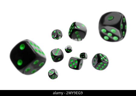 Ten black dice in air on white background Stock Photo