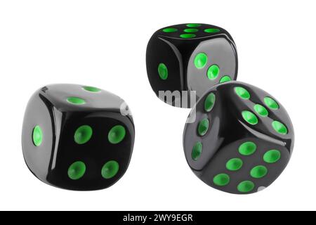 Three black dice in air on white background Stock Photo