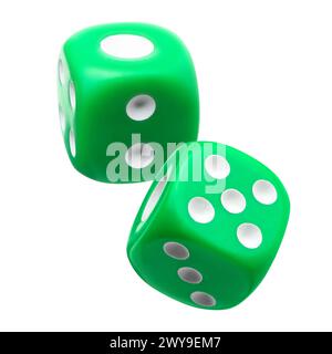 Two green dice in air on white background Stock Photo