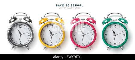Back to school clock vector set design. Back to school with office alarm clock in silver, yellow and pink color isolated in white background. Vector Stock Vector
