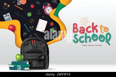 Back to school vector template design. School back greeting text with student trendy school backpack and learning elements icons for educational Stock Vector