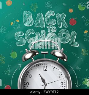 Back to  school vector poster design. Back to school greeting text in chalkboard space with alarm clock elements and doodle hand drawn educational Stock Vector