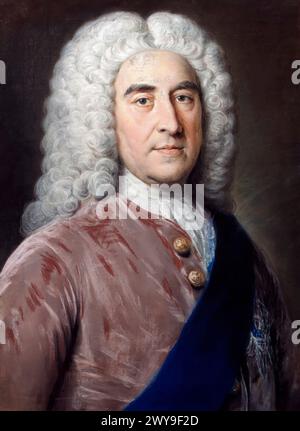 Thomas Pelham-Holles, 1st Duke of Newcastle upon Tyne (1693-1768), Whig politician and Prime Minister of Great Britain twice from 1754-1756 and 1757-1762, portrait painting in pastel by William Hoare, circa 1752 Stock Photo