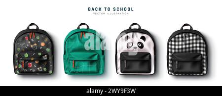 Back to school bag vector set design. School bag elements collection for student and college trendy satchel educational school supplies elements. Stock Vector