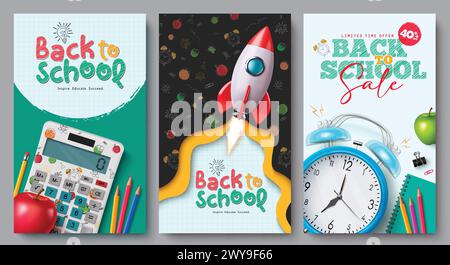 Back to school text vector poster set. Back to school greeting and sale educational lay out collection with education supplies, items, materials Stock Vector